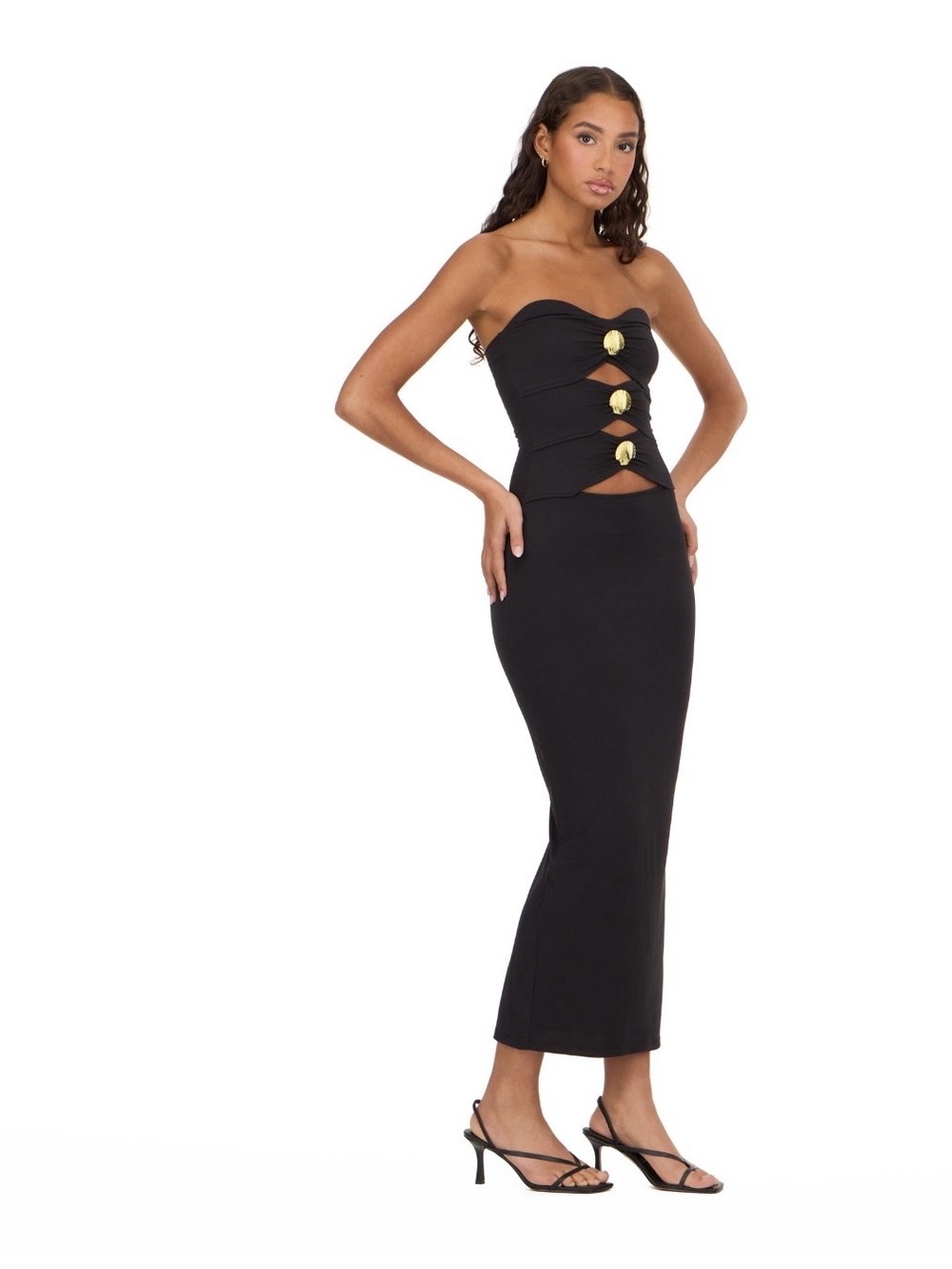 Strapless Black Cutout Midi Dress with Gold Accents